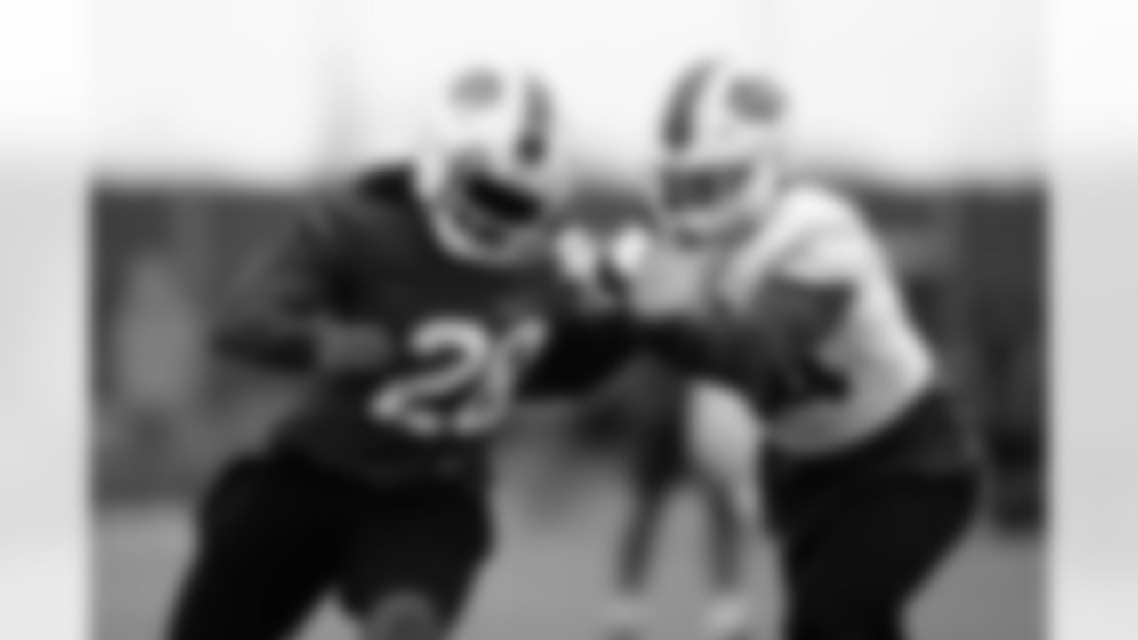 Antonio Williams (28) and A.J. Klein (54). Buffalo Bills Week 15 practice, December 16, 2021. Photo by James Acton