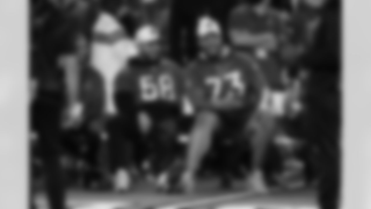 Matt Milano (58) and Dion Dawkins (73) during the 2023 Pro Bowl Skills Showdown on Thursday, February 2, 2023 in Henderson, Nevada.