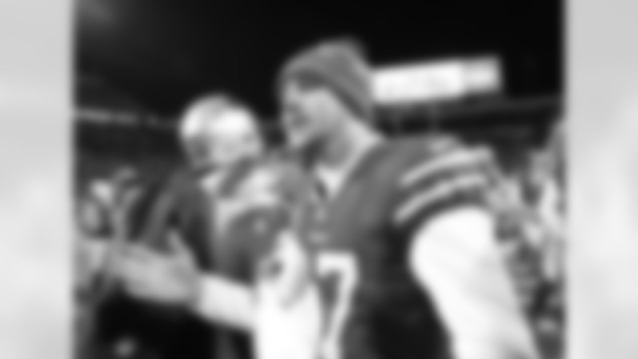 Josh Allen (17) Buffalo Bills vs New England Patriots - Wild Card Playoff game at Highmark Stadium, January 15, 2022. Photo by Bill Wippert