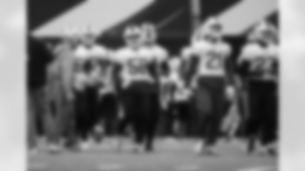 Matt Milano (58), Jordan Poyer (21), Micah Hyde (23). Buffalo Bills Wild Card Week practice, January 12, 2022. Photo by Bill Wippert