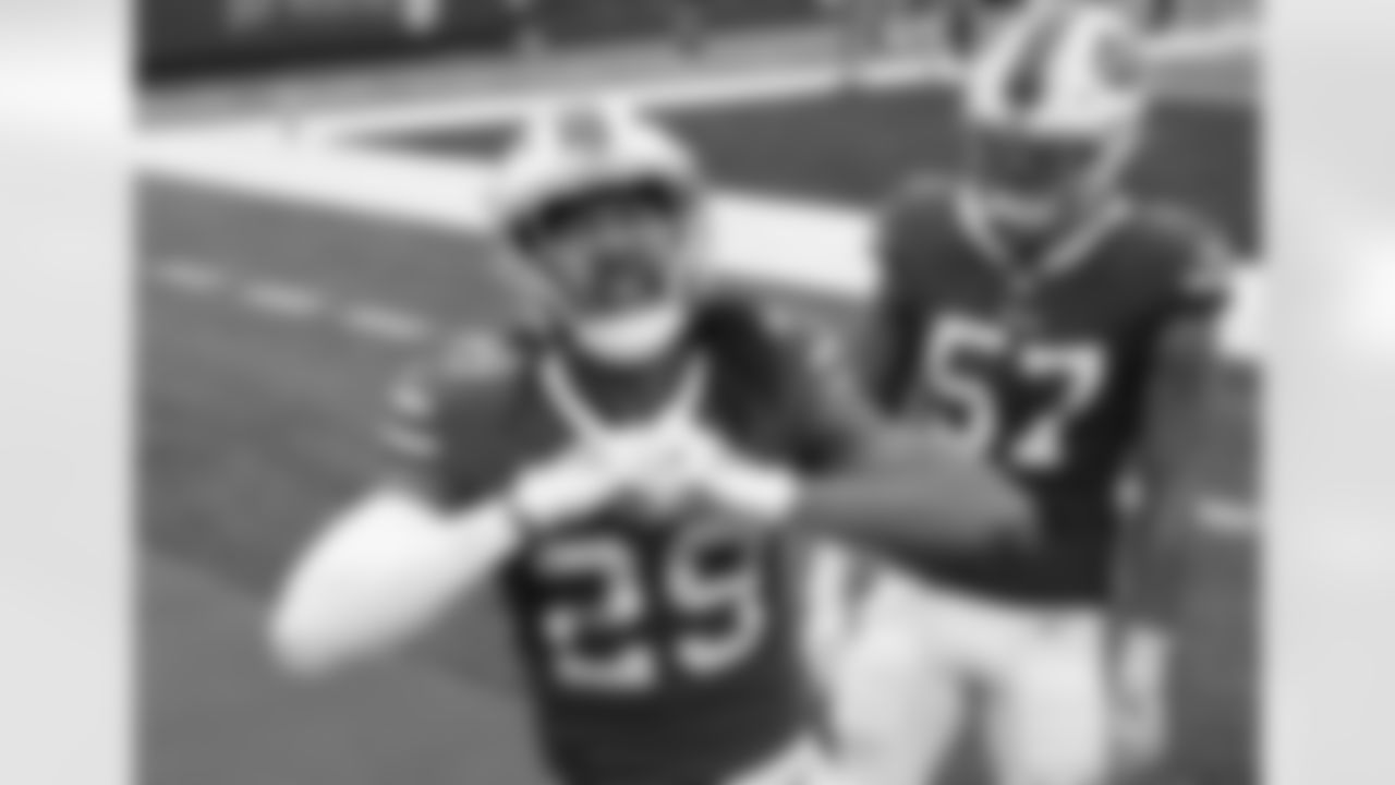 Josh Norman (29) celebrates his interception for a touchdown. Buffalo Bills vs Miami Dolphins at Bills Stadium on January 3, 2021.
Photo by Craig Melvin