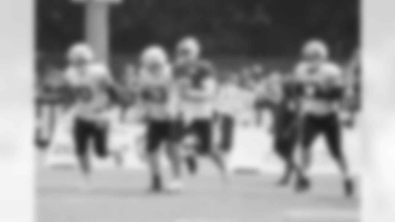 Alec Anderson (70), Kevin Jarvis (63), Josh Allen (17), Mitch Morse (60). Buffalo Bills Training Camp at St. John Fisher University, August 3, 2023.