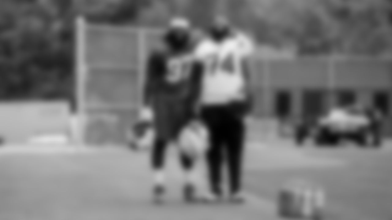 Mario Addison (97) and Cody Ford (74). Buffalo Bills Week 6 practice, October 15, 2021. Photo by Ben Green