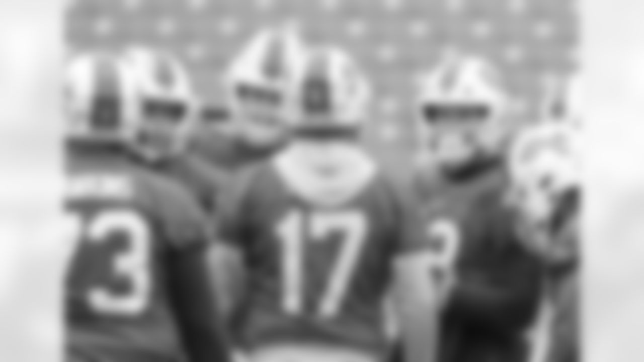 Daryl Williams (75), Spencer Brown (79), Josh Allen (17), Dawson Knox (88). Buffalo Bills Week 17 practice, December 30, 2021. Photo by Bill Wippert