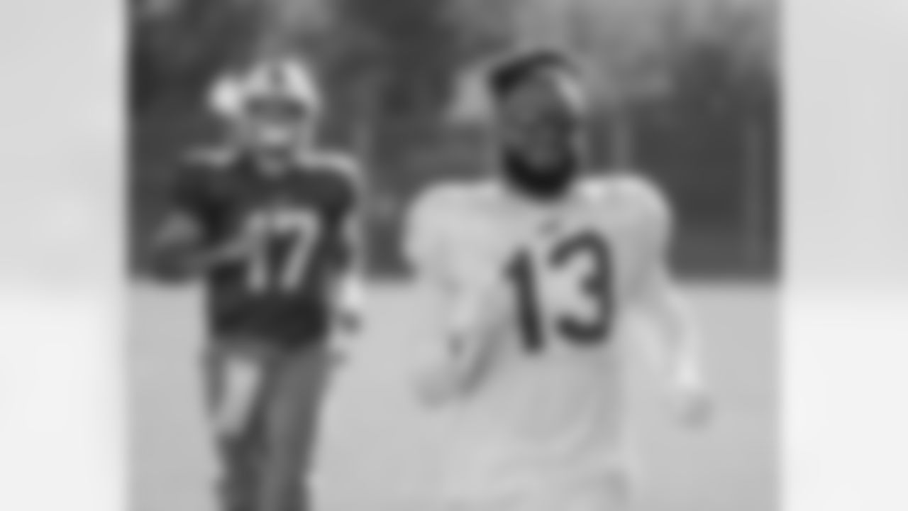 Gabriel Davis (13), Josh Allen (17). Buffalo Bills Week 8 practice, October 27, 2021. Photo by Bill Wippert