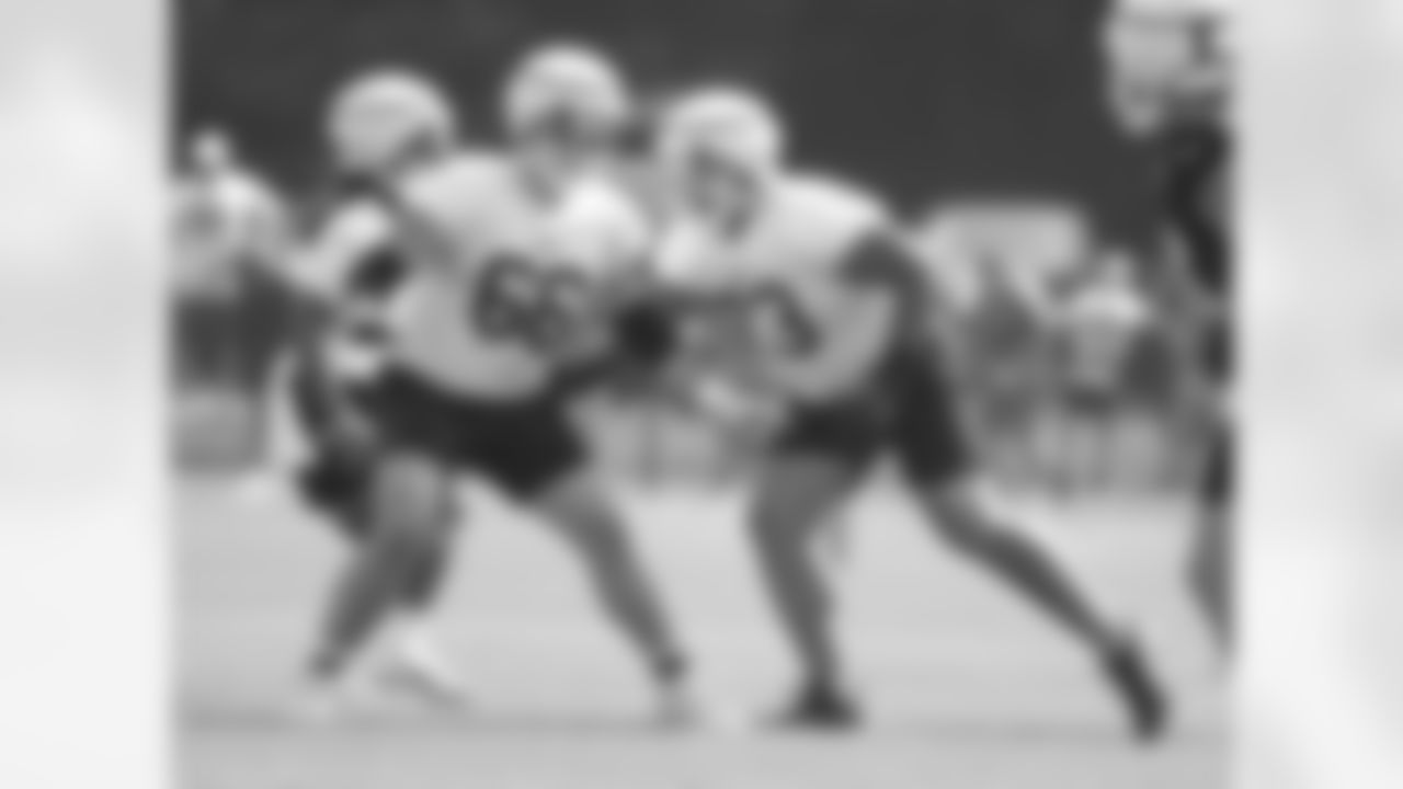 Connor McGovern (66), Dion Dawkins (73). Buffalo Bills Training Camp at St. John Fisher University, July 28, 2023.