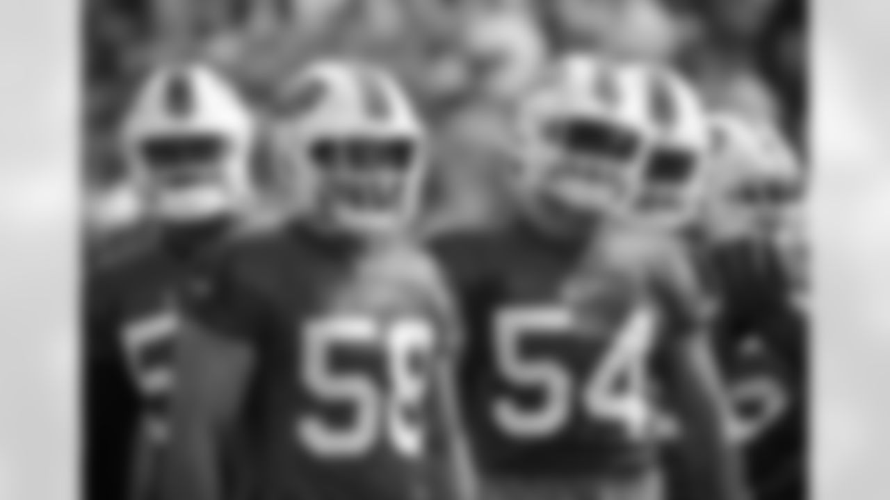 Tyrel Dodson (53), Matt Milano (58), A.J. Klein (54). Buffalo Bills Training Camp Open Practice at Highmark Stadium. July 31, 2021.
Photo by Bill Wippert