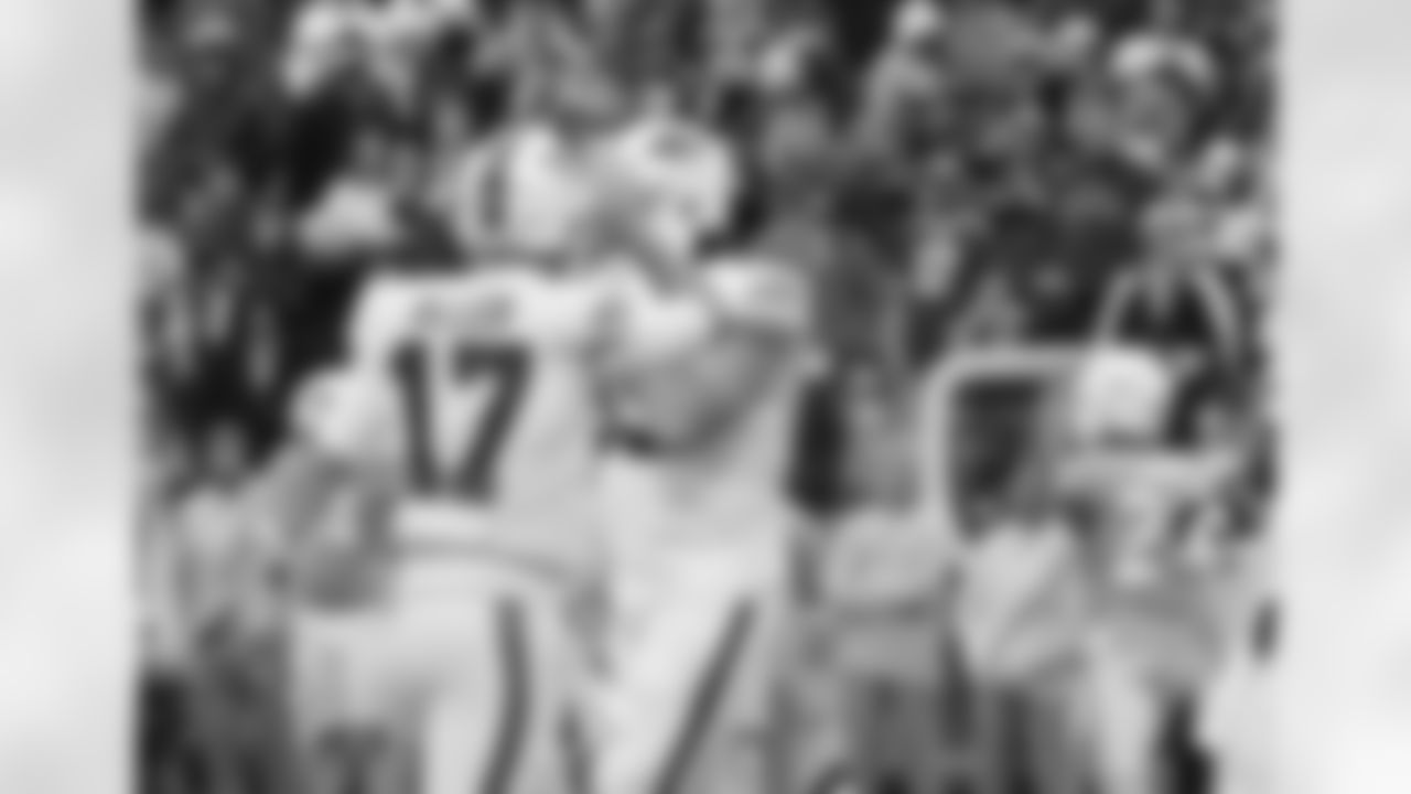 Josh Allen (17) 4th quarter celebration. Buffalo Bills vs Miami Dolphins at Highmark Stadium, October 31, 2021. Photo by Bill Wippert