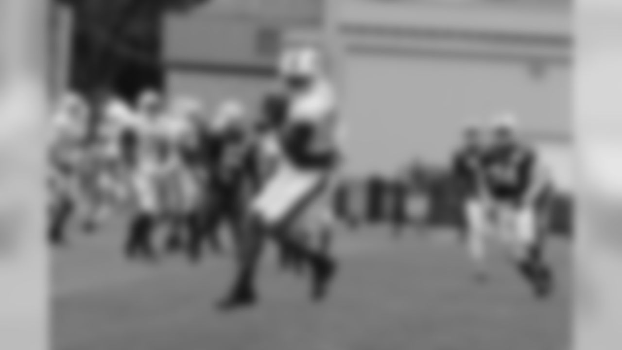 Running back Mike Gillislee (35) jumps to catch the ball.