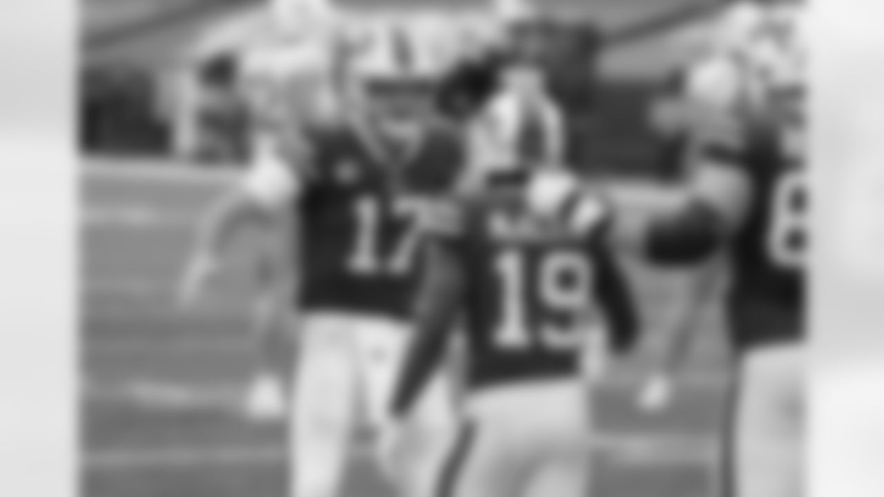 Josh Allen (17) celebrates with Isaiah McKenzie (19) Buffalo Bills vs Miami Dolphins at Bills Stadium on January 3, 2021.
Photo by Craig Melvin