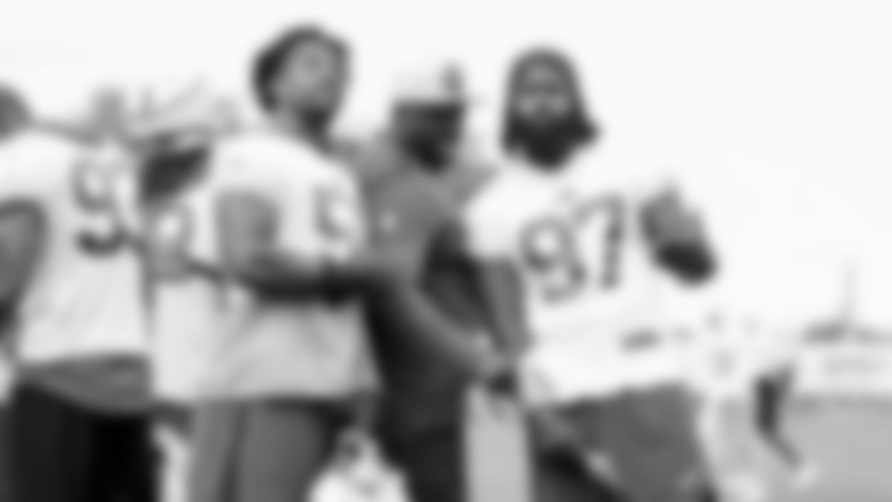 Jerry Hughes (55) and Mario Addison (97). Buffalo Bills Week 3 practice, September 23, 2021. Photo by Ben Green