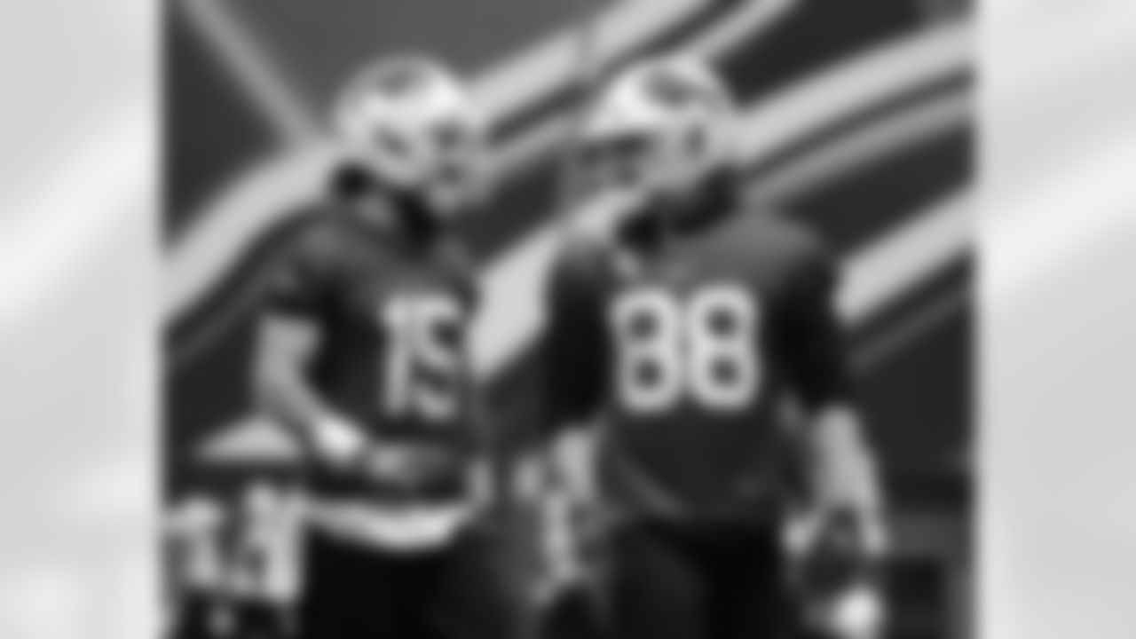 Jake Kumerow (15), Dawson Knox (88). Buffalo Bills Wild Card Week practice, January 12, 2022. Photo by Bill Wippert
