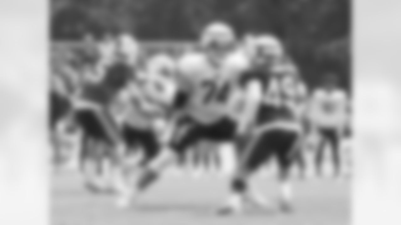 Ryan Van Demark (74), Shane Ray (49). Buffalo Bills Training Camp at St. John Fisher University, August 3, 2023.