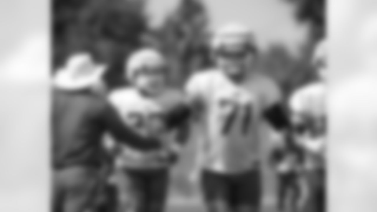 Sean McDermott and Ryan Bates (71). Buffalo Bills Training Camp. August 2, 2021. Photo by Bill Wippert