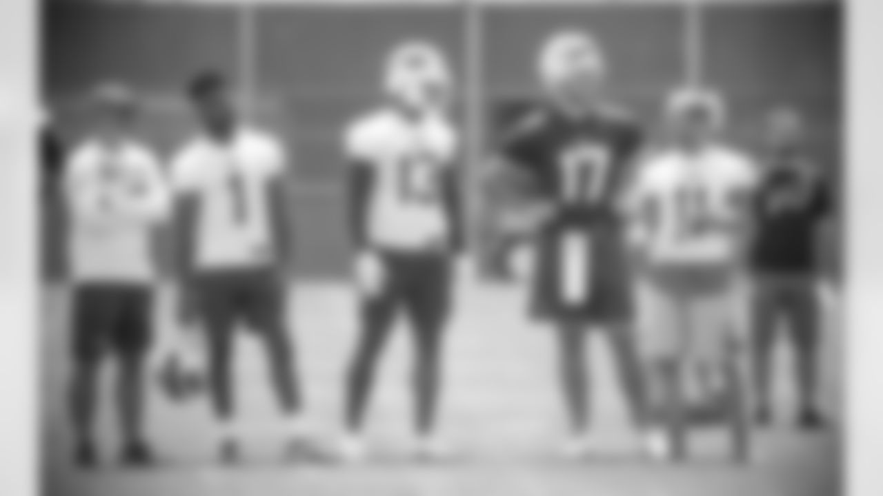 Brandon Beane, Emmanuel Sanders (1), Gabriel Davis (13), Josh Allen (17), Cole Beasley (11). Buffalo Bills Organized Team Activity. June 1, 2021. Photo by Bill Wippert