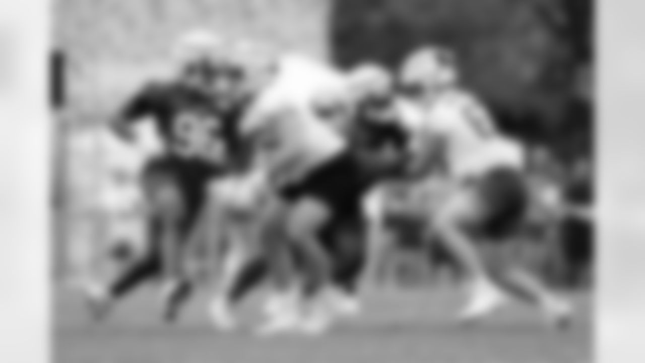 Boogie Basham (96) and Tanner Owen (75). Buffalo Bills open Training Camp at St. John Fisher, July 24, 2022. Photo by Ben Green