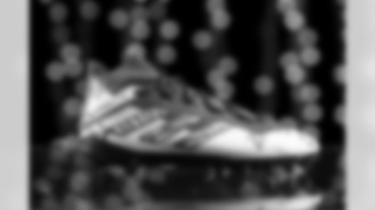 Gregory Rousseau's cleats in support of the Kaleida Health Foundation. The Buffalo Bills My Cause My Cleats studio session on December 2, 2021. Photo by Ben Green