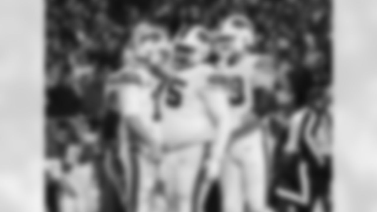 Josh Allen (17) and Daryl Williams (75) touchdown celebration Buffalo Bills vs Kansas City Chiefs - AFC Divisional Playoff at GEHA Field at Arrowhead Stadium, January 23, 2022. Photo by Bill Wippert