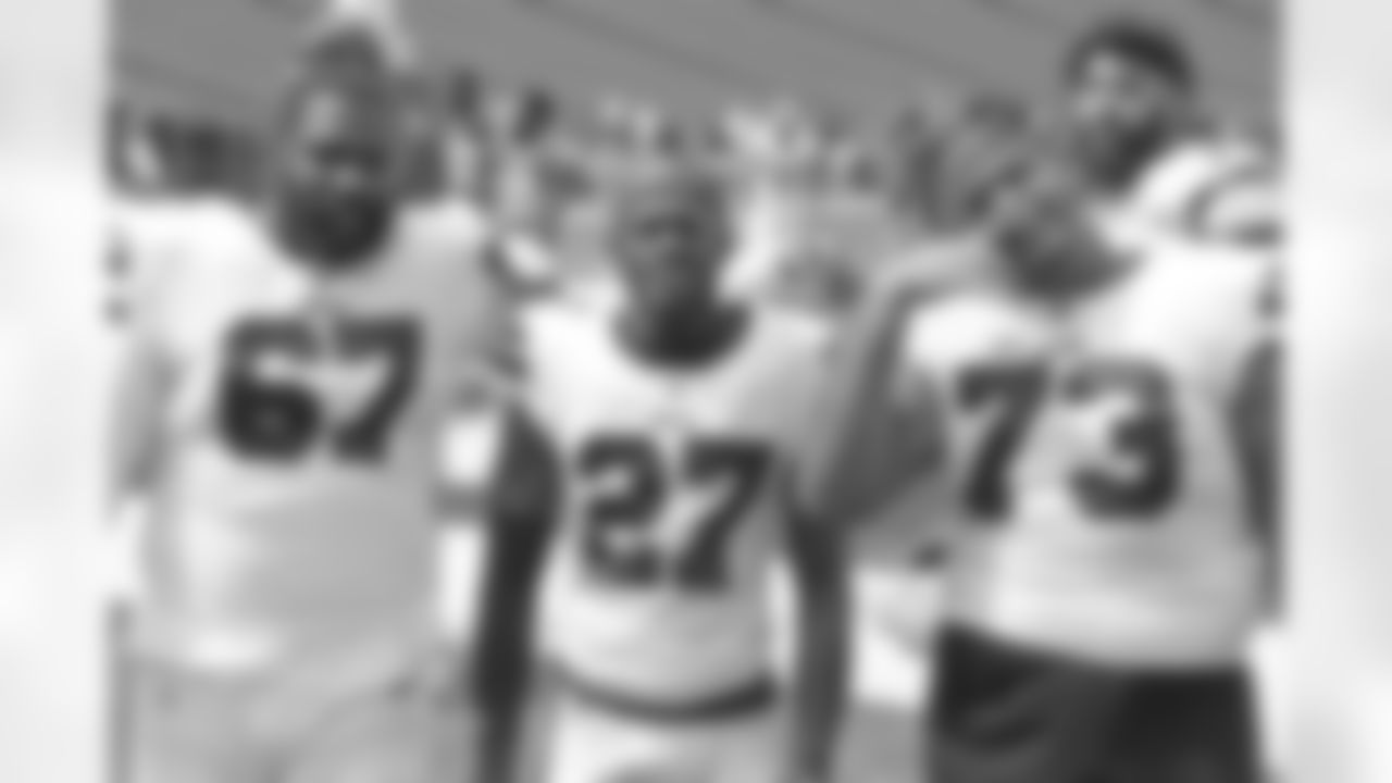 Quinton Spain (67), Tre'Davious White (27), and Dion Dawkins (73) Buffalo Bills Training Camp scrimmage at Bills Stadium, August 27, 2020.
Photo by Sara Schmidle