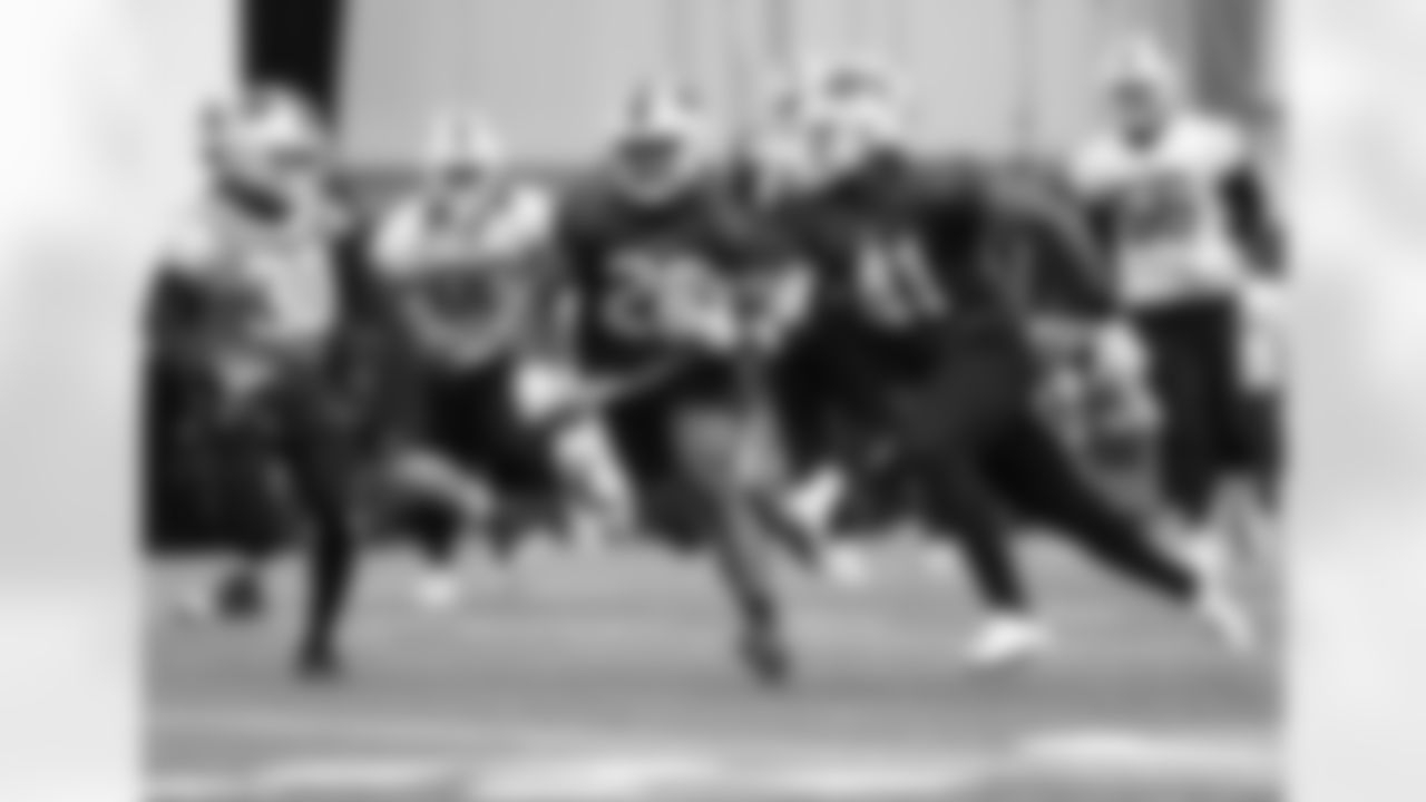 Zack Moss (20), Reggie Gilliam (41). Buffalo Bills Week 18 practice, January 7, 2022. Photo by Bill Wippert
