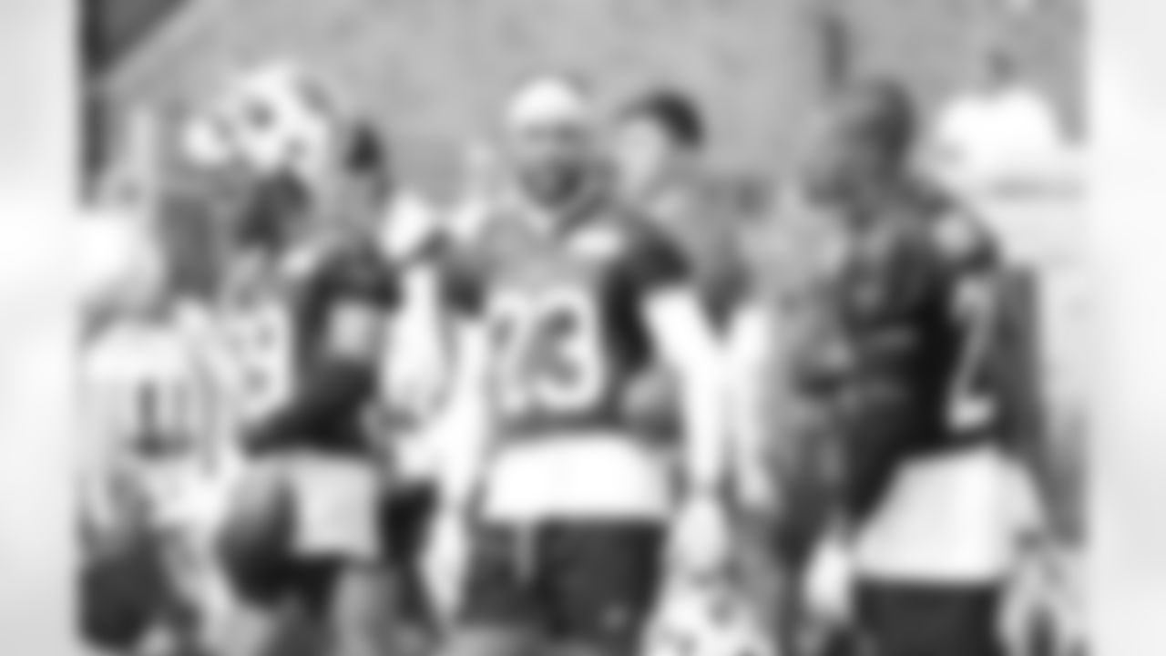 Cam Lewis (39), Micah Hyde (23), Jordan Poyer (21). Buffalo Bills open Training Camp at St. John Fisher University, July 26, 2023.