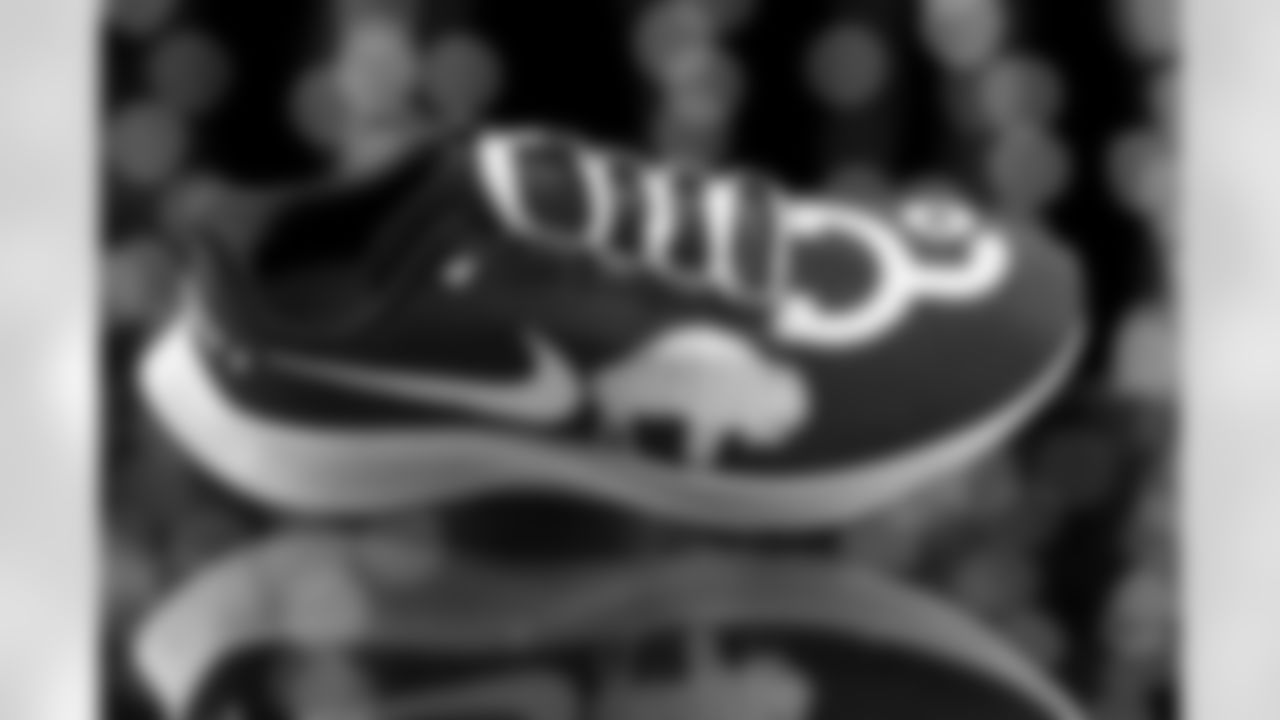 Heath Farwell's shoes in support of the Parent Project Muscular Dystrophy. The Buffalo Bills My Cause My Cleats studio session on December 2, 2021. Photo by Ben Green
