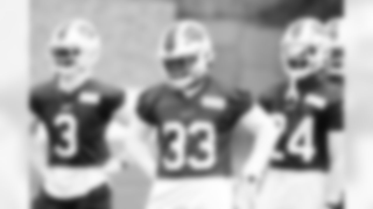 Damar Hamlin (3), Siran Neal (33), Kaiir Elam (24). Buffalo Bills Training Camp at St. John Fisher University, August 10, 2023.
