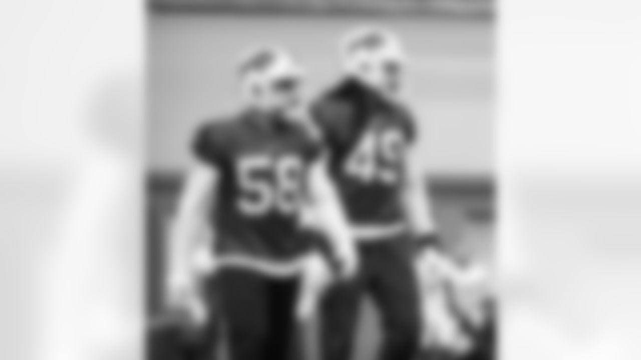 Matt Milano (58), Tremaine Edmunds (49). Buffalo Bills Week 14 practice, December 9, 2021. Photo by James Acton