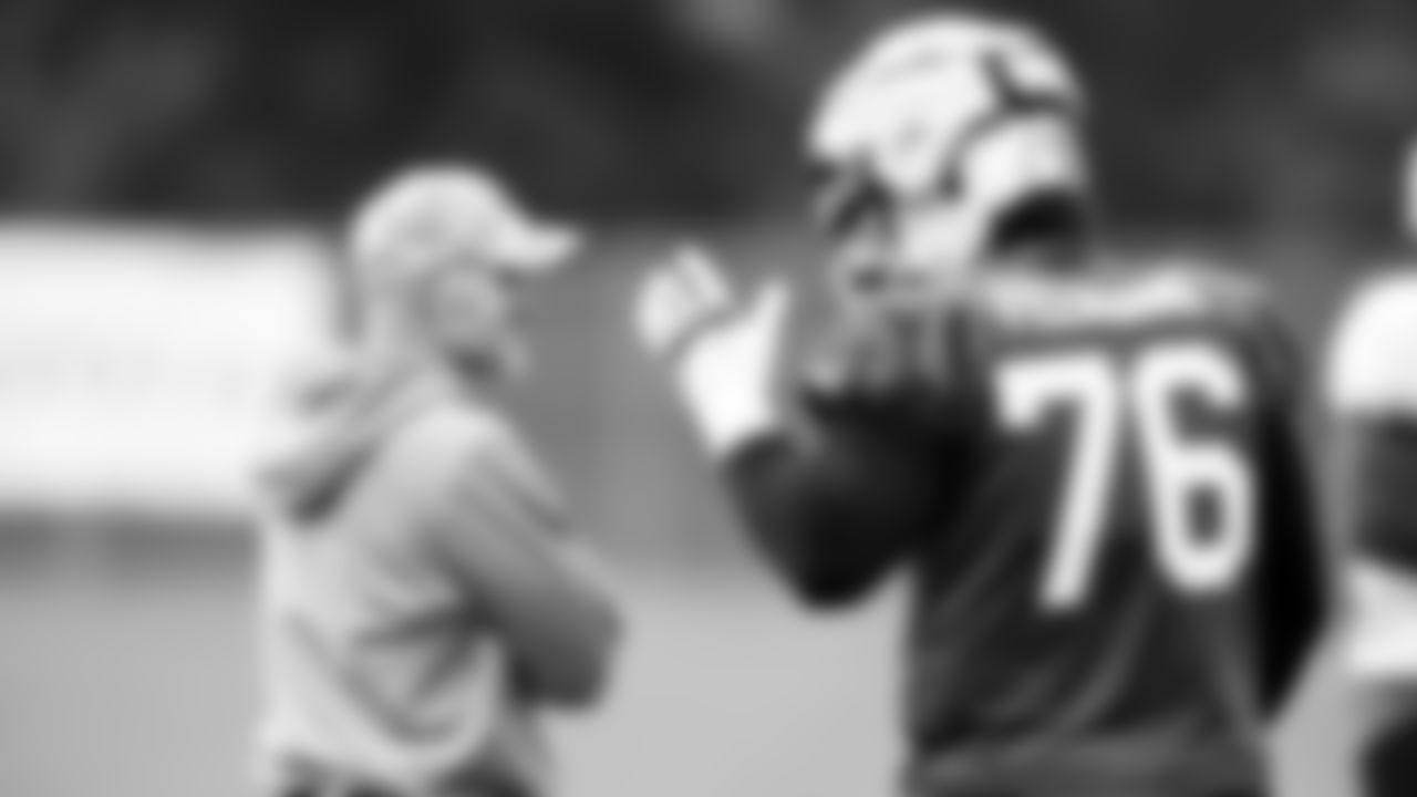 Sean McDermott and Jon Feliciano (76). Buffalo Bills Week 3 practice, September 23, 2021. Photo by Ben Green