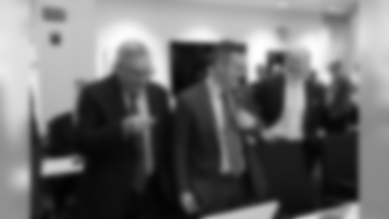 Brandon Beane and Terry Pegula enjoy their phone conversation with Pancho Billa - Inside the Buffalo Bills Draft Room at One Bills Drive for Round One of the 2019 NFL Draft on April 25, 2019.
Photo by Bill Wippert