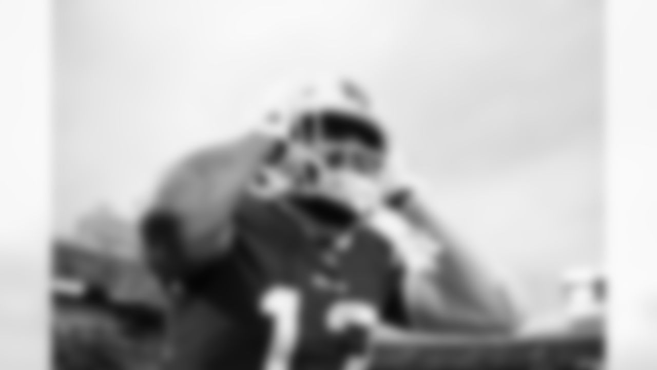 Gabriel Davis (13) adjusts his helmet. Buffalo Bills vs New York Jets at Highmark Stadium, January 9, 2022. Photo by Ben Green