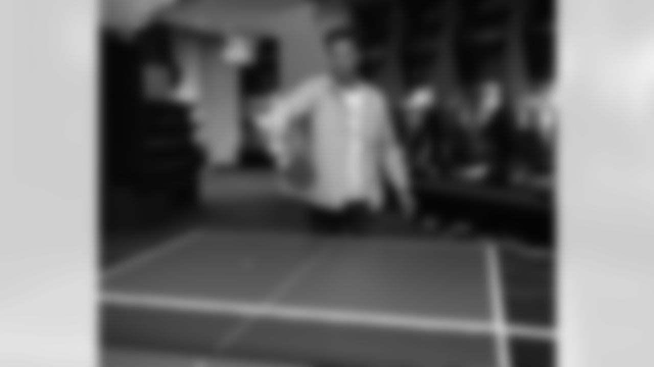 Terrel Bernard tries out the ping-pong table as he spends his first day at One Bills Drive. April 30, 2022.
Photo by Bill Wippert