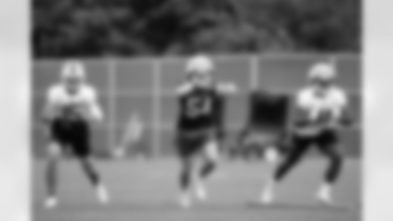 Jake Kumerow (15), Baylon Spector (54), Matt Barkley (11). Buffalo Bills Training Camp at One Bills Drive, August 22, 2022. Photo by Ben Green