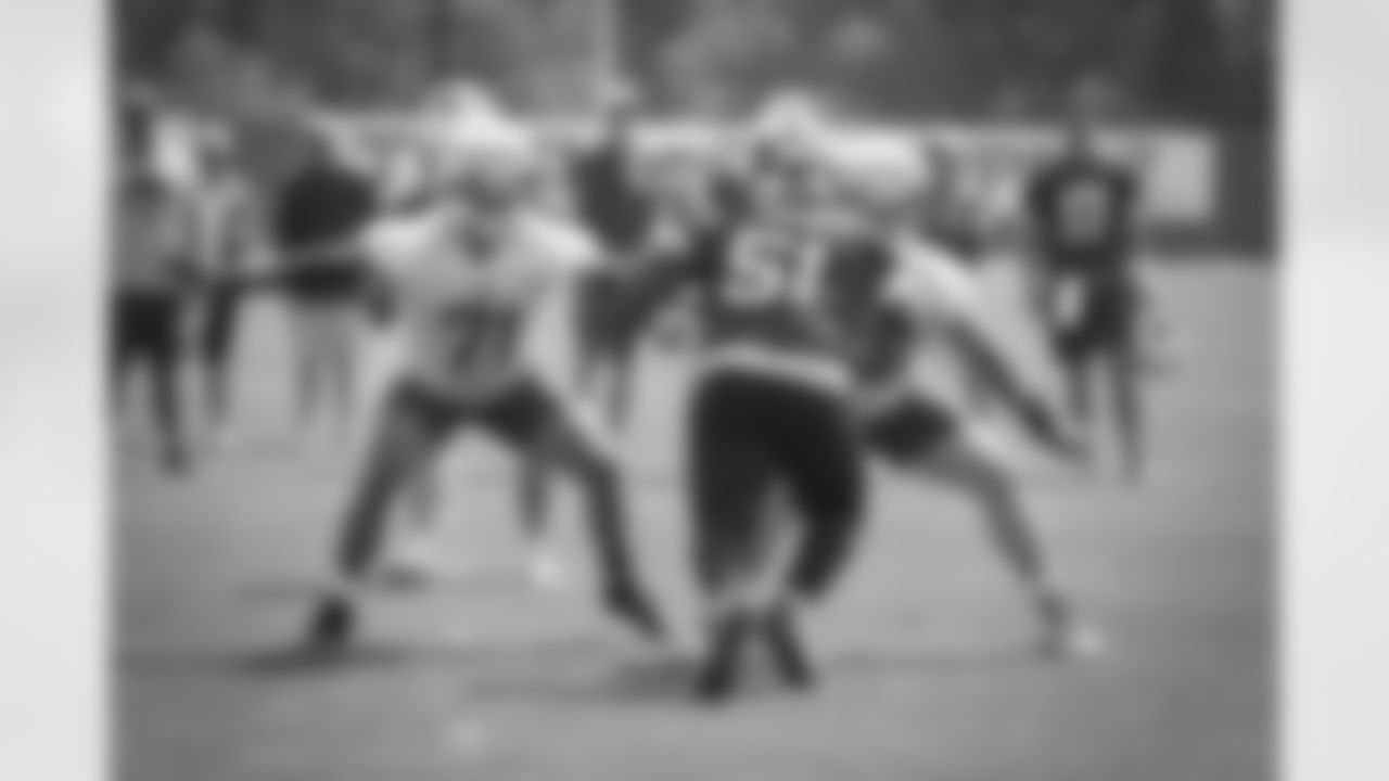 Ryan Bates (71), Eli Ankou (51), and Jack Anderson (66) Buffalo Bills Training Camp, One Bills Drive. July 28, 2021. Photo by Sara Schmidle