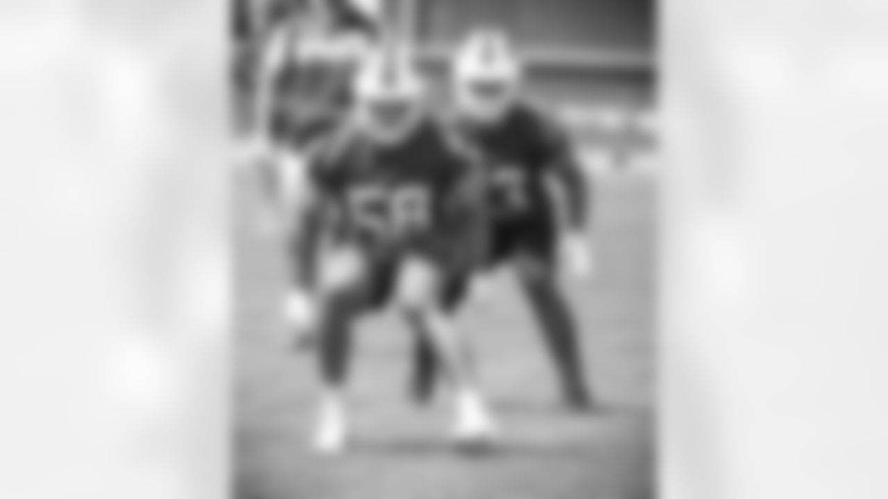 Matt Milano (58), Terrel Bernard (43). Week One of Buffalo Bills OTA's, May 24, 2022. Photo by Bill Wippert