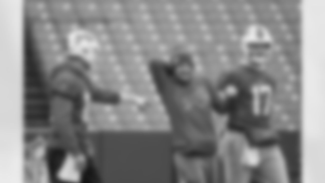 Mitchell Trubisky (10), Josh Allen (17) and Shea Tierney. Buffalo Bills Week 17 practice, December 30, 2021. Photo by Bill Wippert