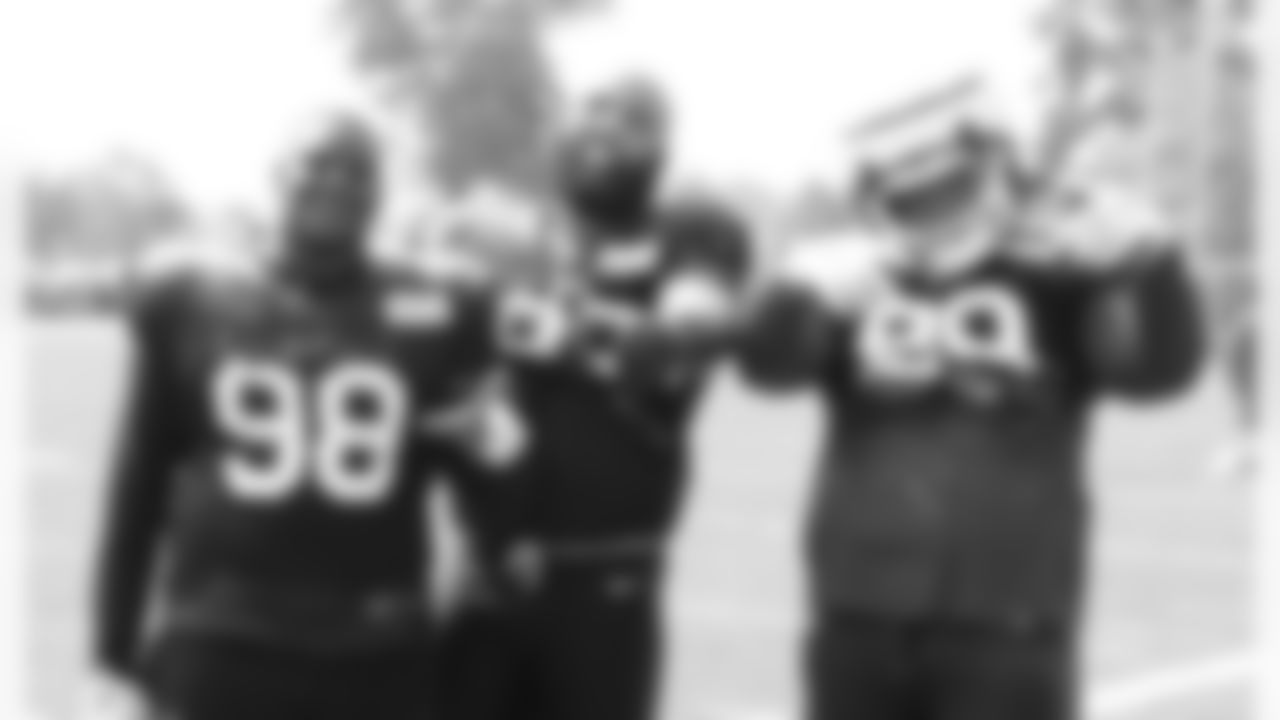 Poona Ford (98). DaQuan Jones (92), Tim Settle (99). Buffalo Bills Training Camp at St. John Fisher University, August 3, 2023.
