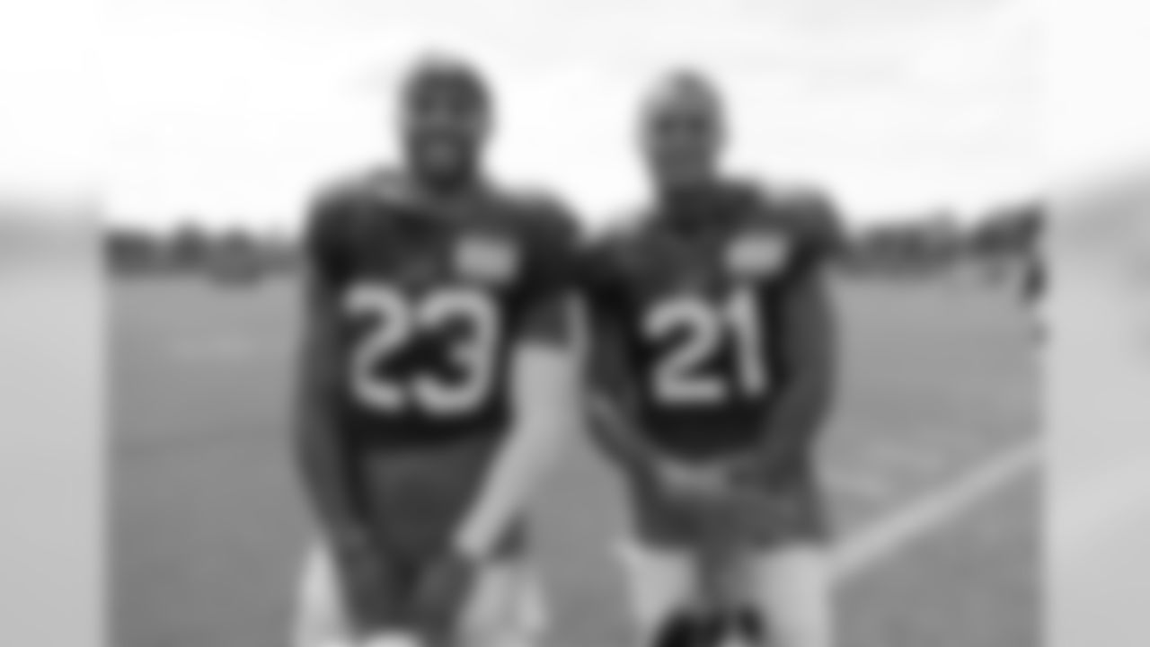 Micah Hyde and Jordan Poyer. Buffalo Bills practice at One Bills Drive, August 26, 2019.
Photo by Bill Wippert