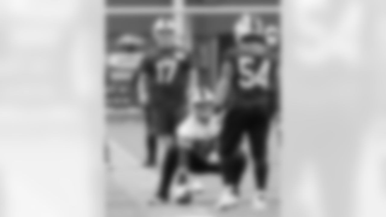 Josh Allen (17), Mitch Morse (60). Buffalo Bills Week 15 practice, Wednesday December 16, 2020.
Photo by Bill Wippert