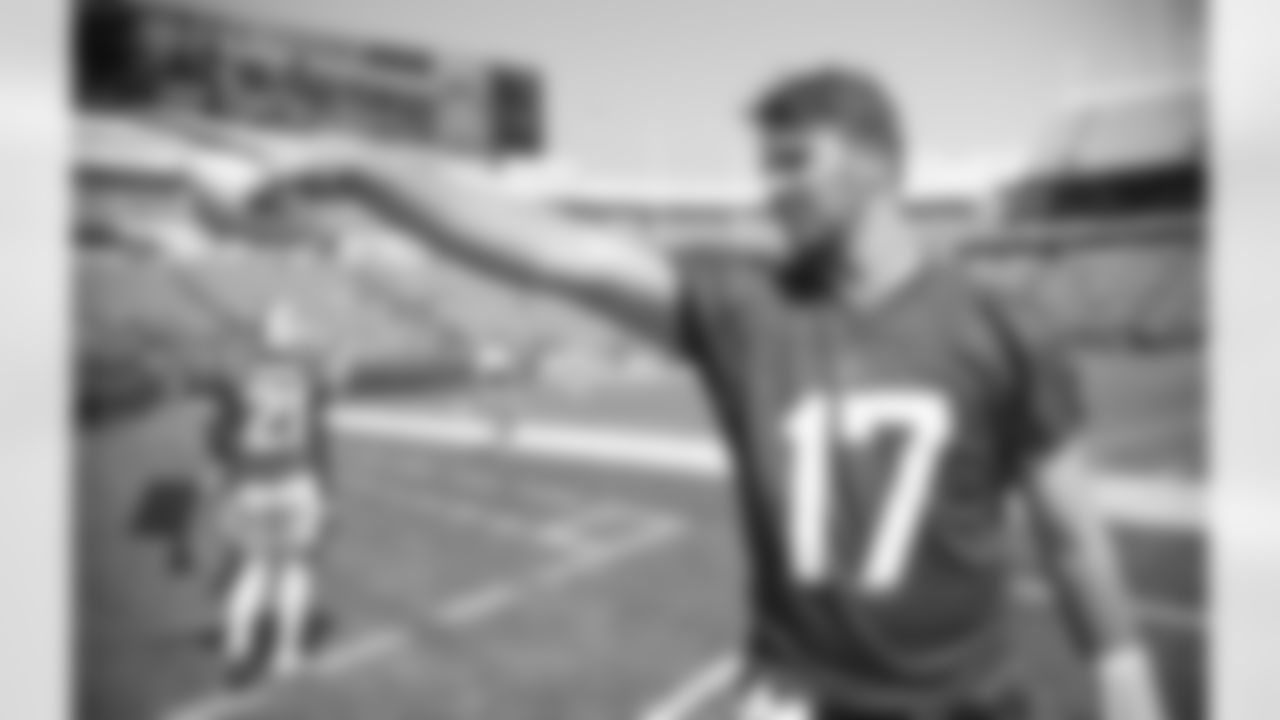 Josh Allen (17) finds a young fan to toss a ball following Buffalo Bills Training Camp Open Practice at Highmark Stadium. July 31, 2021.
Photo by Bill Wippert