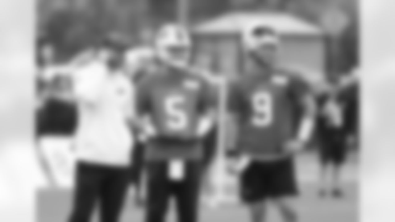 Joe Brady, Matt Barkley (5), Kyle Allen (9). Buffalo Bills Training Camp at St. John Fisher University, August 10, 2023.