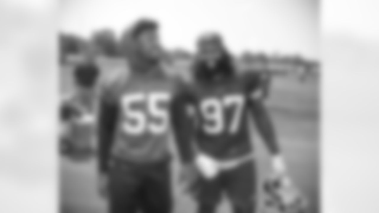 Jerry Hughes (55), Mario Addison (97). Buffalo Bills Training Camp. July 28, 2021. Photo by Bill Wippert