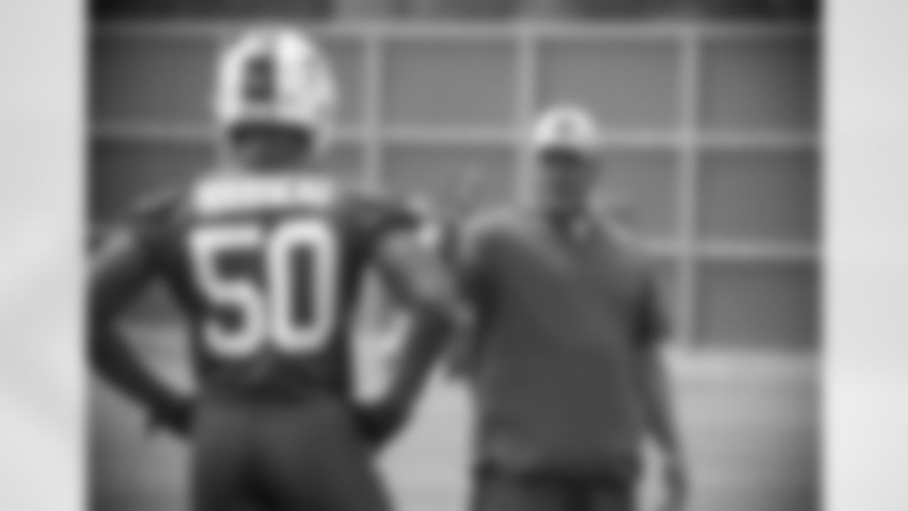 Greg Rousseau (50) and Eric Washington. Buffalo Bills Organized Team Activity. May 25, 2021. Photo by Bill Wippert