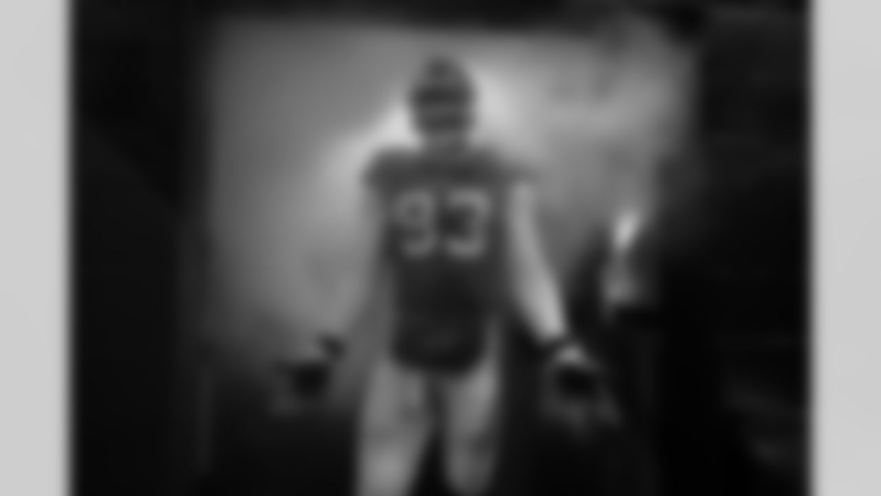 Efe Obada (93) walks out during introductions. Buffalo Bills vs Atlanta Falcons at Highmark Stadium, January 02, 2022. Photo by Ben Green