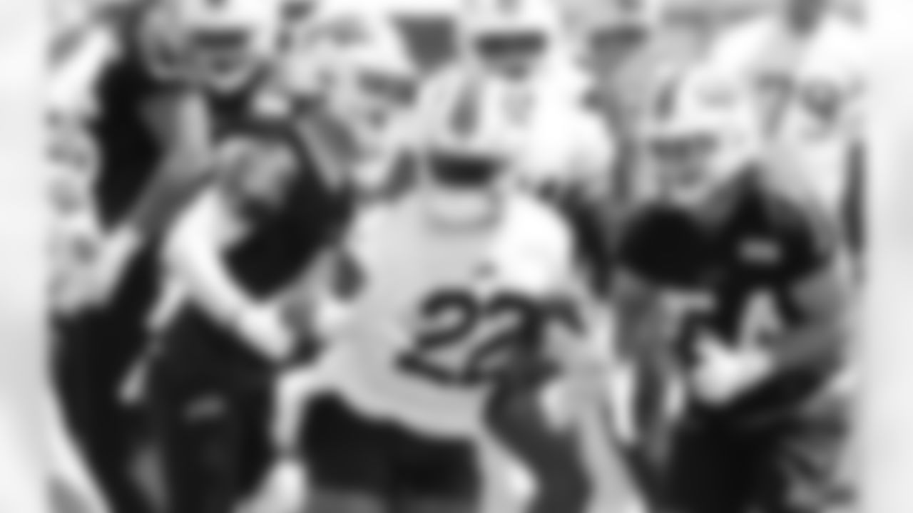 Damien Harris (22), Baylon Spector (54). Buffalo Bills Organized Team Activity, May 30, 2023 at One Bills Drive.