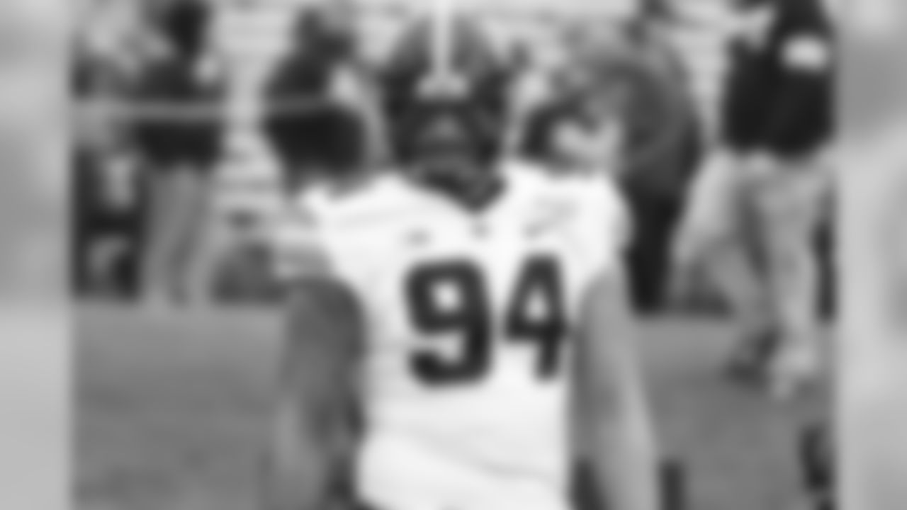 A.J. Epenesa, DE, Iowa wore #94 in college.
Iowa defensive end A.J. Epenesa (94) warms up before a game against Northwestern an NCAA college football game, Saturday, Oct. 26, 2019, in Evanston, Ill. (AP Photo/David Banks)