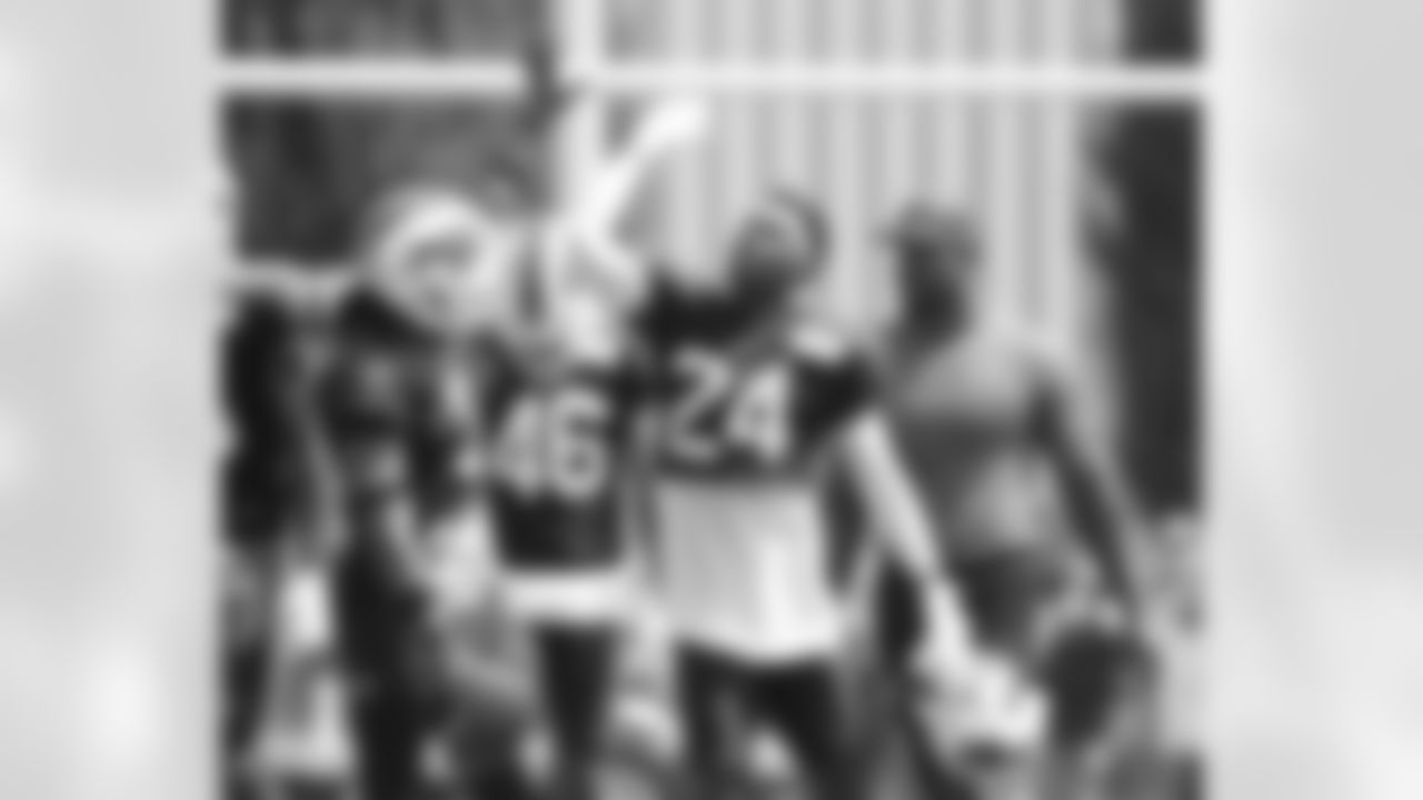Kaiir Elam (24) celebrates his interception with Damar Hamlin (3) and Von Miller. Buffalo Bills Training Camp at St. John Fisher University, August 3, 2023.