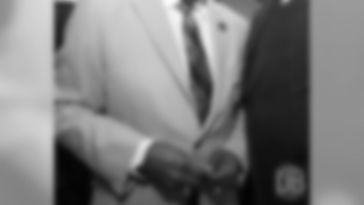 A look at Floyd Little's Hall of Fame attire Ñ the gold jacket, Hall of Fame tie and Fall of Fame ring Ñ at the Pro Football Hall of Fame's Merlin Olsen Luncheon in Atlanta on February 1, 2019.