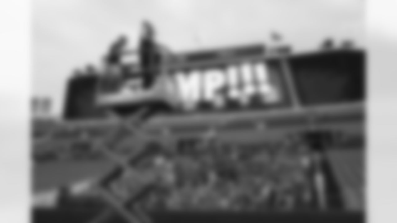 During the taping of hype video segments with fans at Empower Field at Mile High on July 25, 2021. (Photo by Gabriel Christus)
