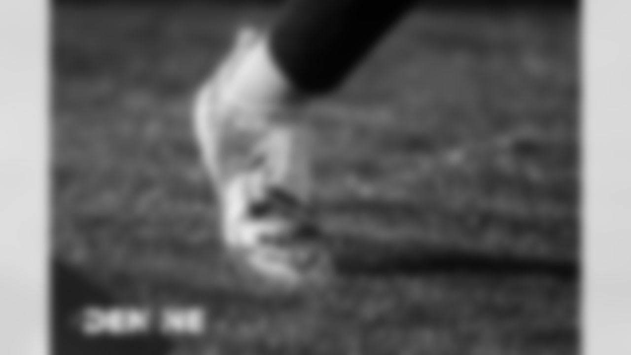 A closer look at Tim Patrick's cleats at practice at UCHealth Training Center on October 16, 2020. (Photo by Ben Swanson)